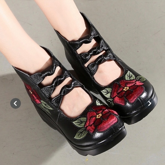 Faux Leather Booties With Red Floral Embroidery - Picture 1 of 2